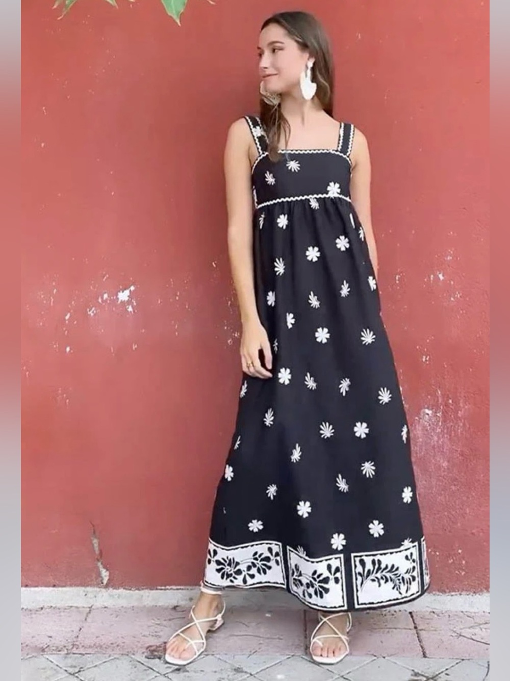 New ZARA Black And White Floral Print Midi Dress With Passementerie Trim